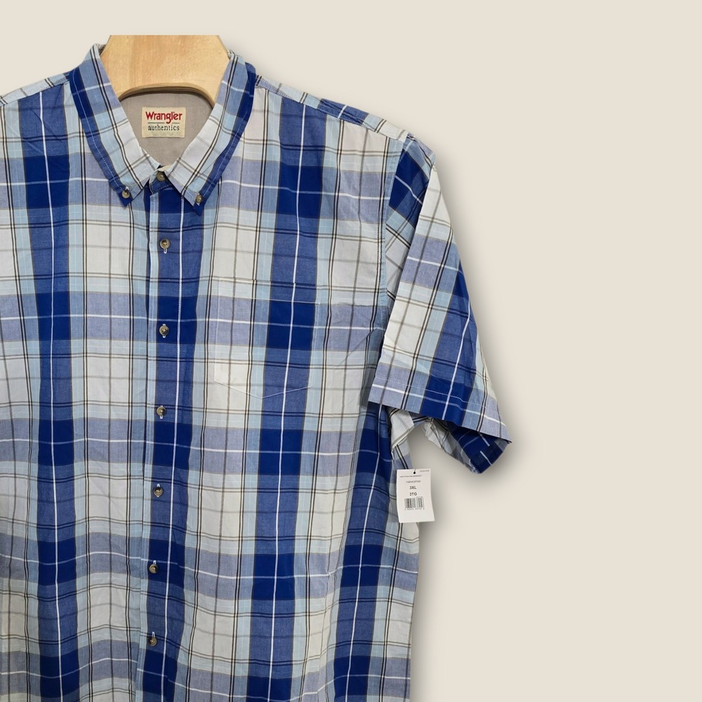Wrangler Authentics Mens Plaid Short Sleeve Button‎ Up Shirt 3XL 3TG Blue White